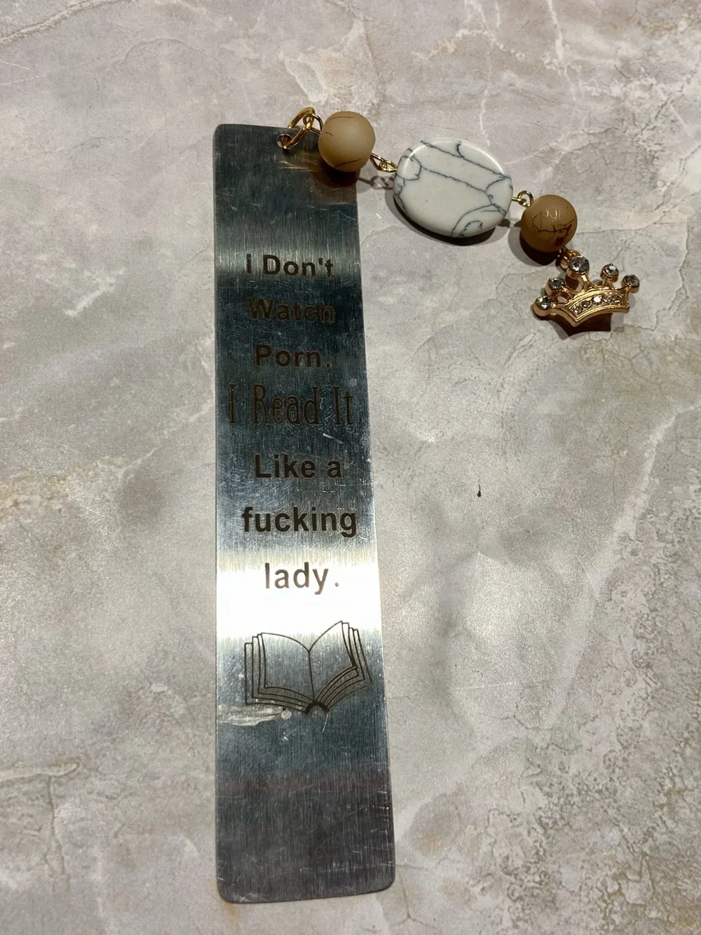 Hand Crafted Silver Bookmark with Beige Beads and Gold Crown Charm